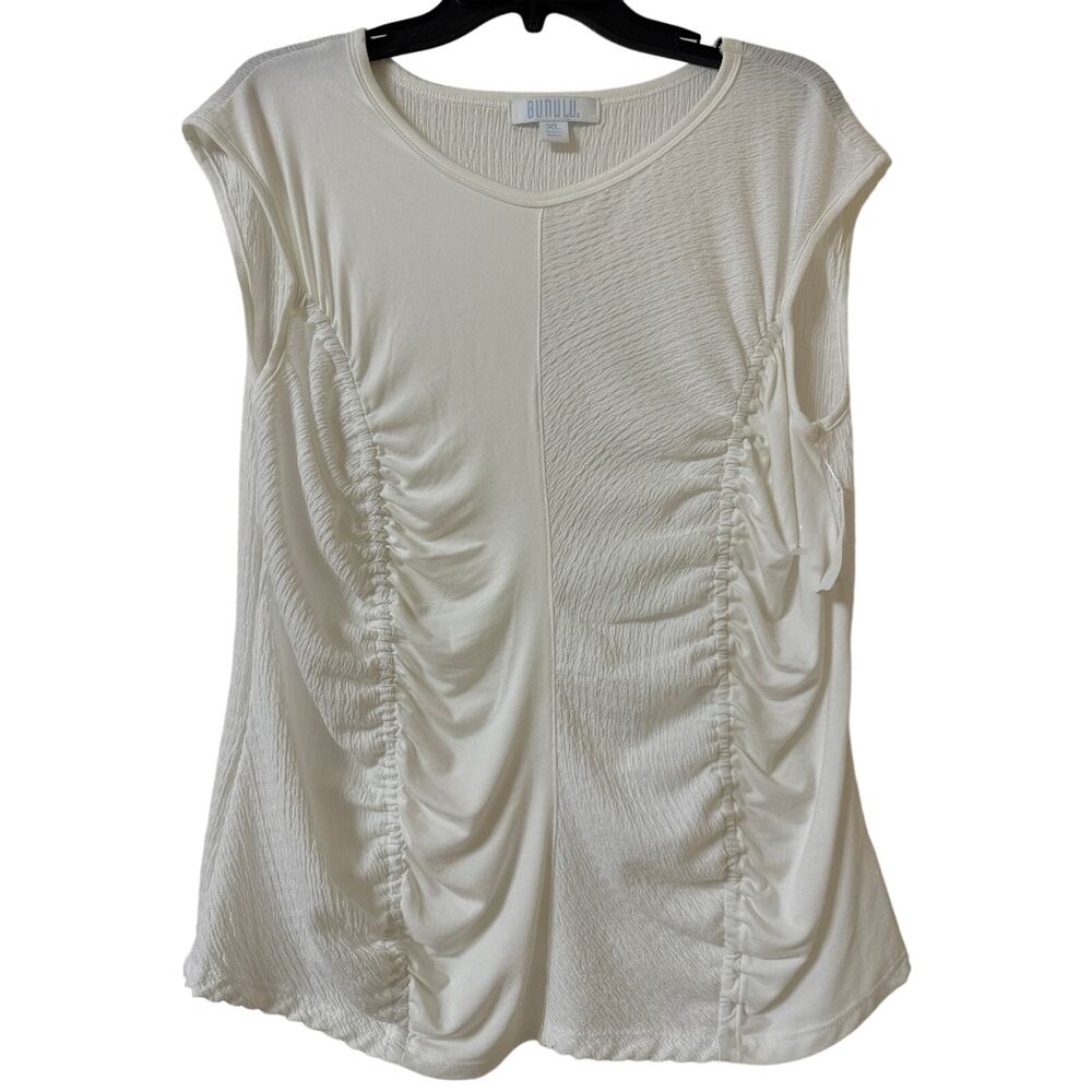 Bunulu XL Sleeveless Contrasting Material Panels Off-White Ruched Top